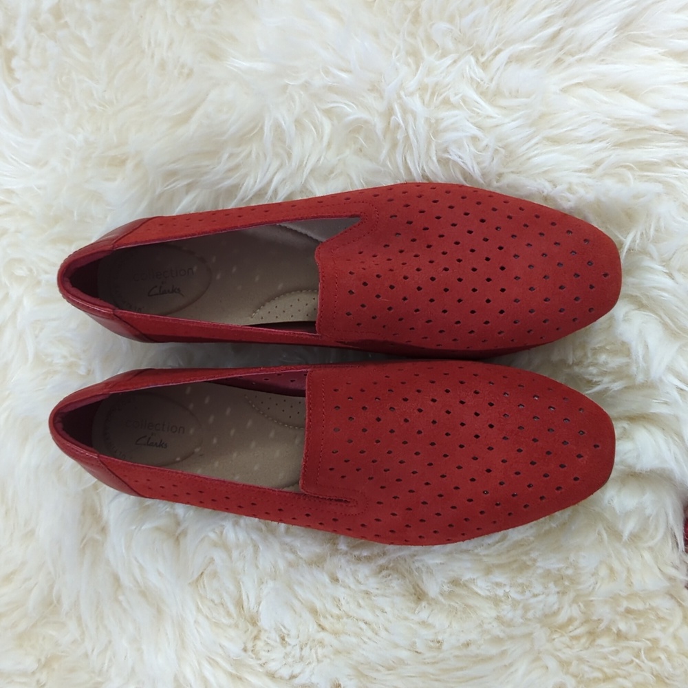 Clarks Red Perferated Suede Loafers.